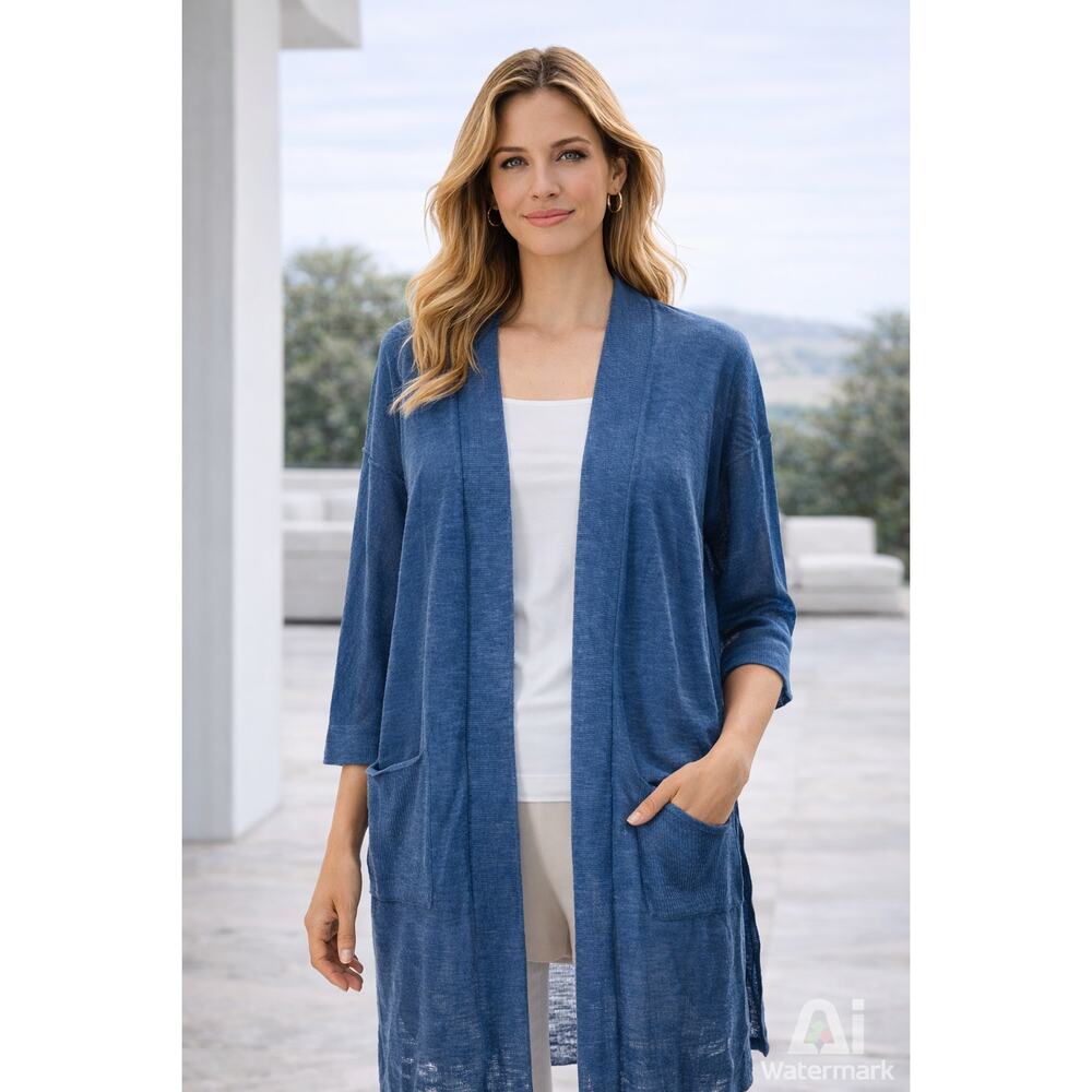 Eileen Fisher Organic Linen Cotton Open Front Long Cardigan Blue XXS XS
